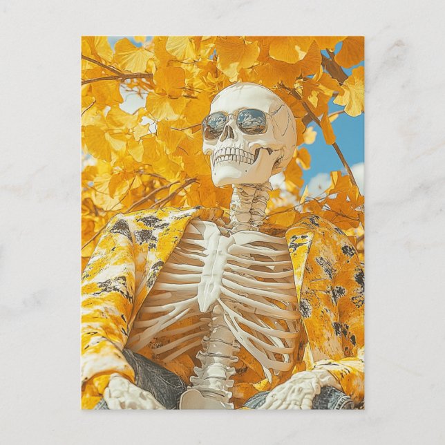 Skeleton under an autumn tree postcard (Front)