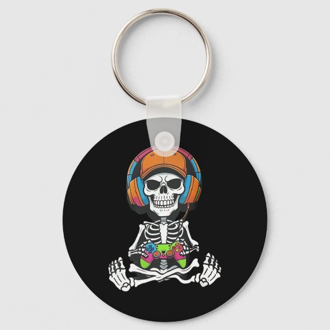 Skeleton Video Game Halloween Gaming Gamer Boys Me Keychain (Front)