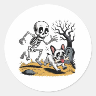 Skeleton vs French Bulldog – Funny Halloween Chase Classic Round Sticker
