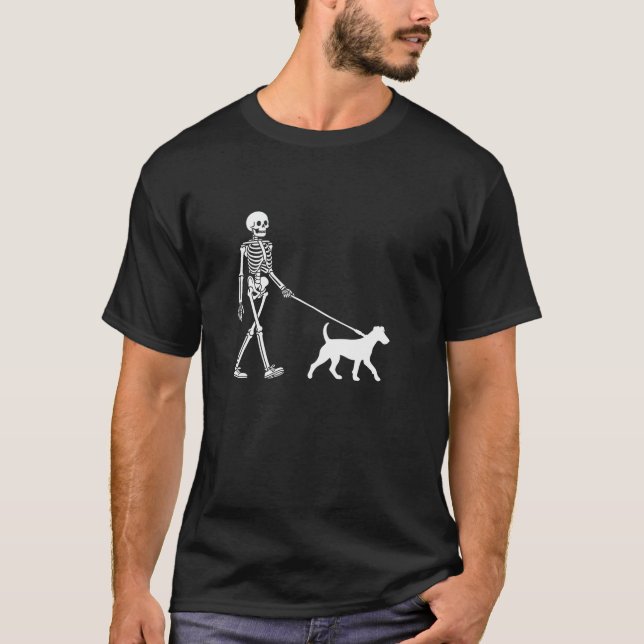 Skeleton Walking a Dog Smooth Fox Terrier Hallowee T-Shirt (Front)