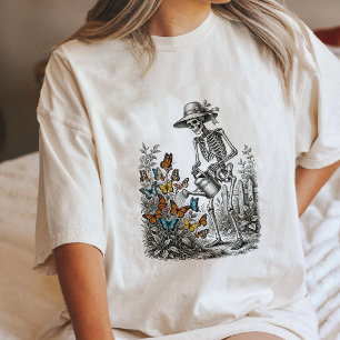 Skeleton Watering Butterflies Garden Sketch Tri-Blend Shirt