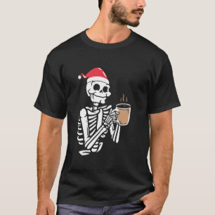 Skeleton Wear Santa Hat Drinking Coffee Funny Chri T-Shirt