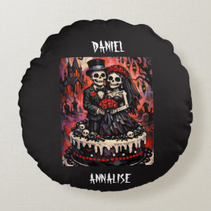 Skeleton Wedding, gothic Lovers Embrace  Round Pillow