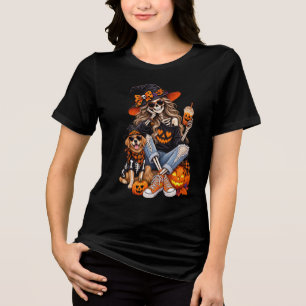 Skeleton Witch Girl with Dog Halloween Tri-Blend Shirt