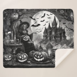 Skeleton Witch Pumpkin Sherpa Blanket