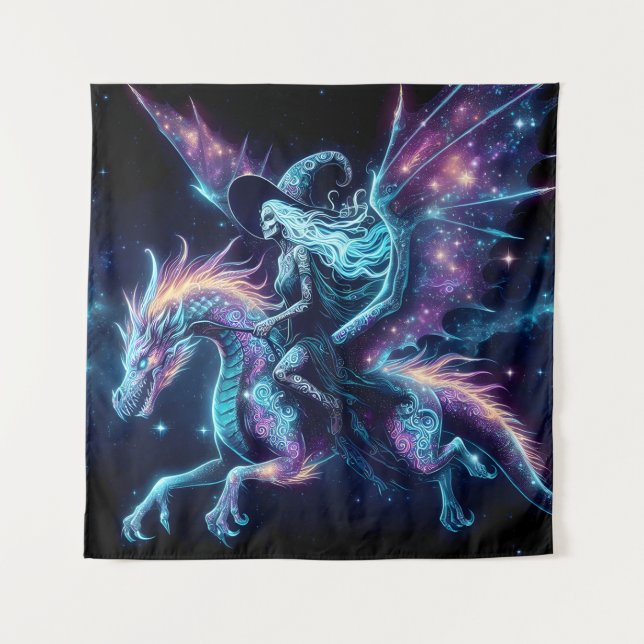 Skeleton Witch Riding A Dragon, Cosmic Fantasy Art Tapestry (Front)