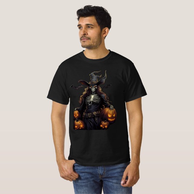Skeleton Witch with Glowing Pumpkins T-Shirt (Front Full)