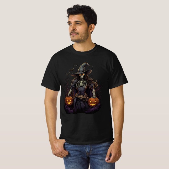 Skeleton Witch with Jack-o'-Lanterns T-Shirt (Front Full)