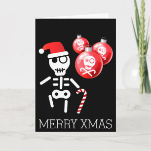Skeleton with candy cane, santa hat holiday card