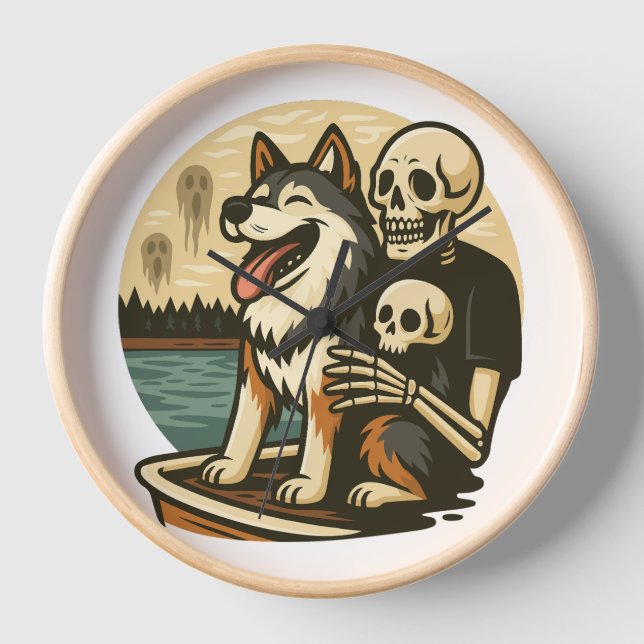Skeleton with Dog on Haunted Lake Horror Art Clock (Front)