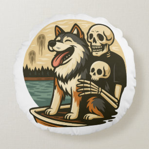 Skeleton with Dog on Haunted Lake Horror Art Round Pillow