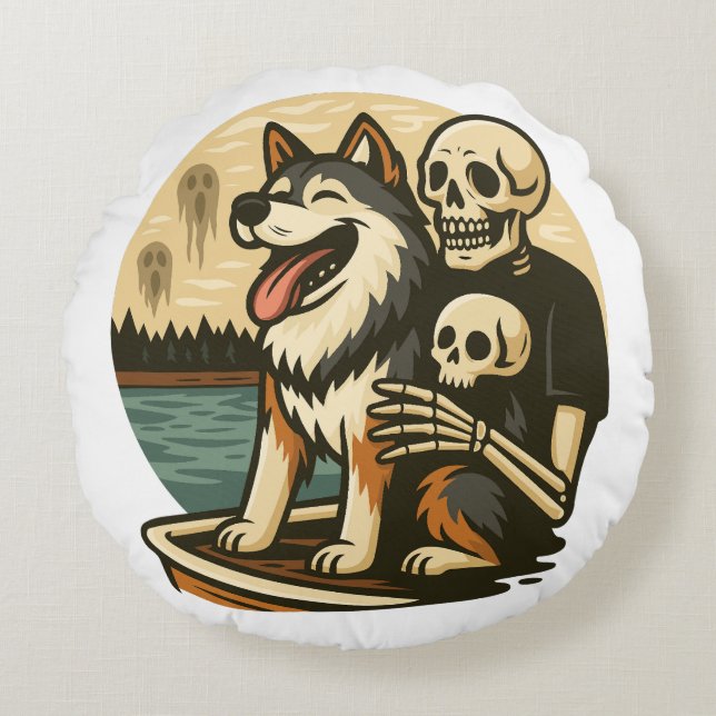 Skeleton with Dog on Haunted Lake Horror Art Round Pillow (Front)