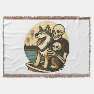 Skeleton with Dog on Haunted Lake Horror Art Throw Blanket