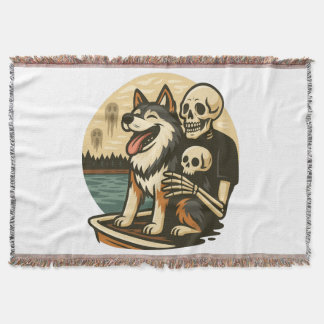 Skeleton with Dog on Haunted Lake Horror Art Throw Blanket