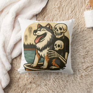 Skeleton with Dog on Haunted Lake Horror Art Throw Pillow