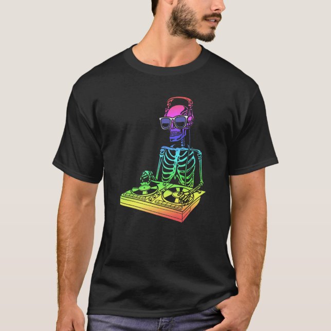 Skeleton With Headphones And Sunglasses Mixer Dj T T-Shirt (Front)