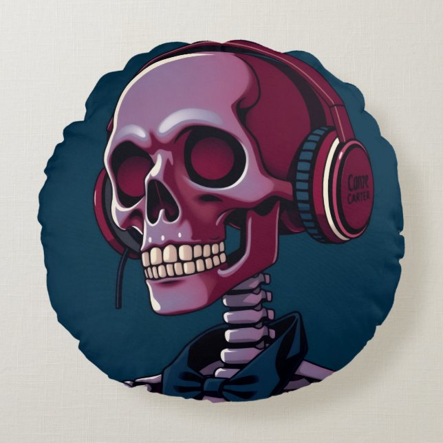 Skeleton with headphones round pillow (Front)