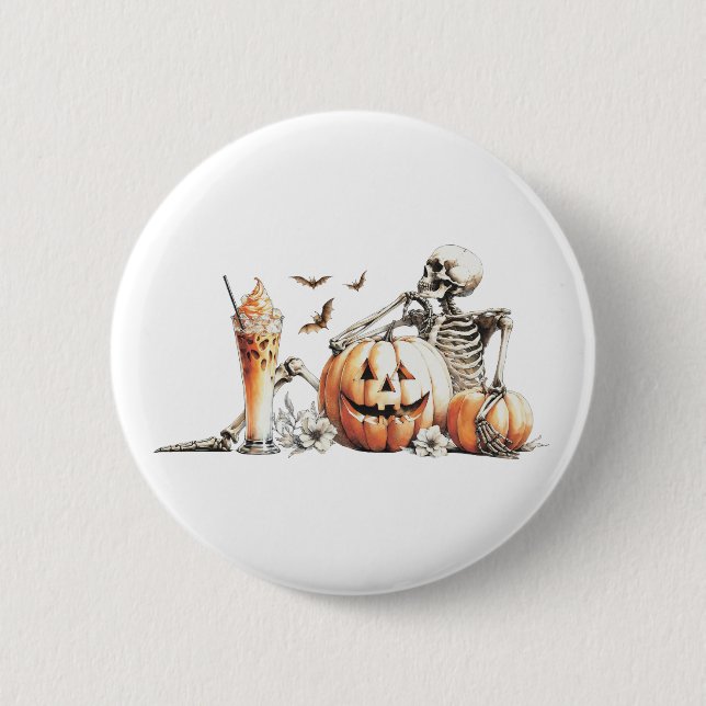 Skeleton with pumpkin and drink. Halloween. 2 Inch Round Button (Front)