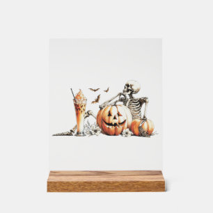 Skeleton with pumpkin and drink. Halloween. Acrylic Sign