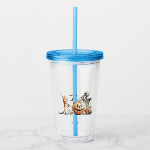 Skeleton with pumpkin and drink. Halloween. Acrylic Tumbler