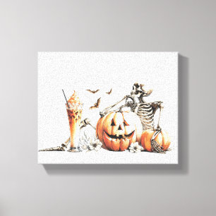 Skeleton with pumpkin and drink. Halloween. Canvas Print