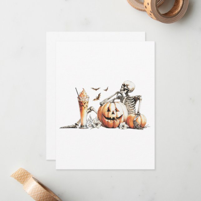 Skeleton with pumpkin and drink. Halloween. Card (Front/Back In Situ)