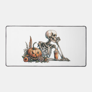 Skeleton with pumpkin and drink. Halloween Desk Mat