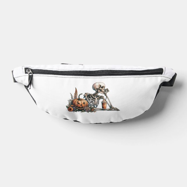 Skeleton with pumpkin and drink. Halloween Fanny Pack (Lay Down)