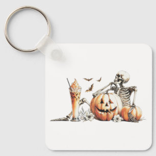 Skeleton with pumpkin and drink. Halloween. Keychain