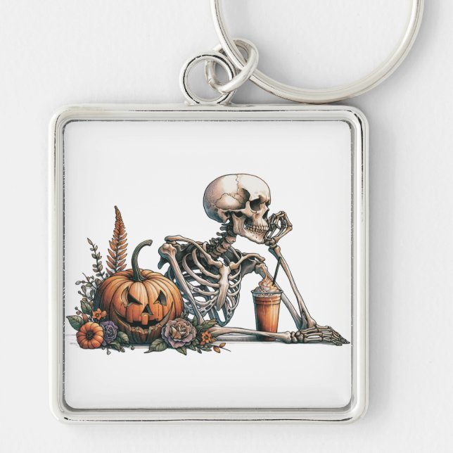 Skeleton with pumpkin and drink. Halloween Keychain (Front)
