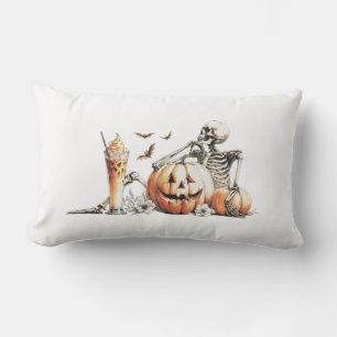 Skeleton with pumpkin and drink. Halloween. Lumbar Pillow
