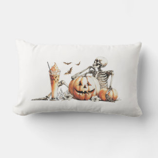 Skeleton with pumpkin and drink. Halloween. Lumbar Pillow