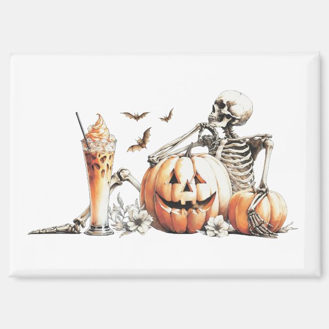 Skeleton with pumpkin and drink. Halloween. Magnet (Front)