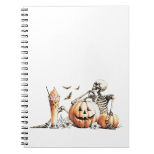 Skeleton with pumpkin and drink. Halloween. Notebook