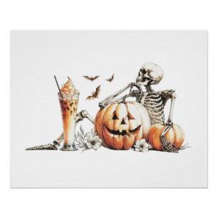 Skeleton with pumpkin and drink. Halloween. Poster