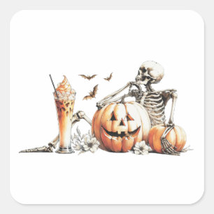 Skeleton with pumpkin and drink. Halloween. Square Sticker