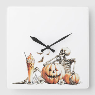 Skeleton with pumpkin and drink. Halloween. Square Wall Clock