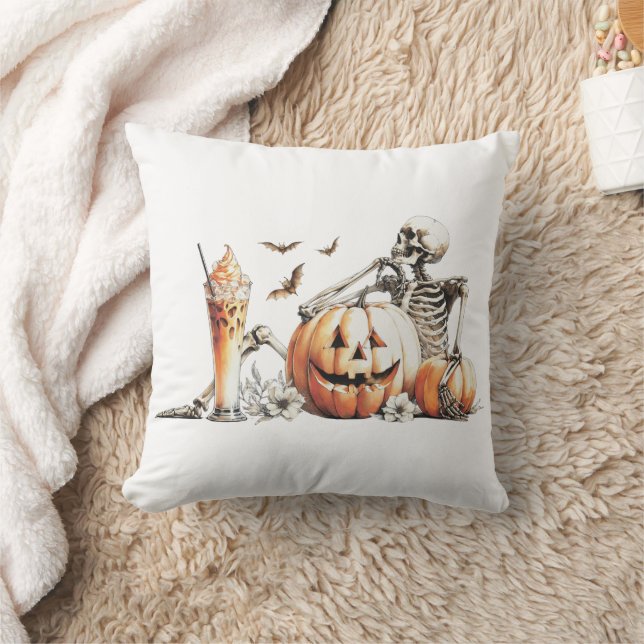 Skeleton with pumpkin and drink. Halloween. Throw Pillow (Blanket)