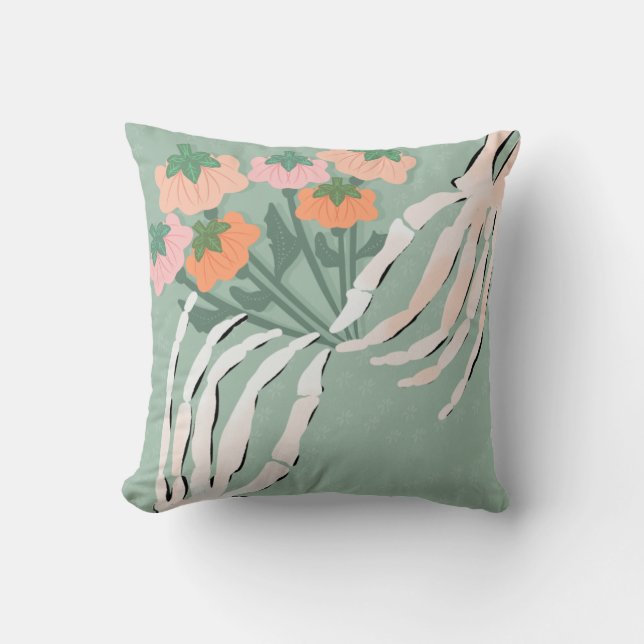 Skeleton with Pumpkin Bouquet Throw Pillow (Front)