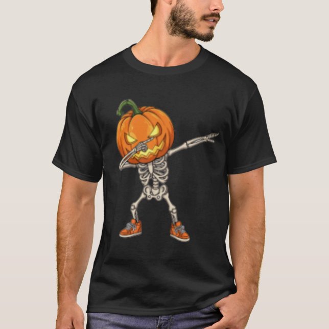 Skeleton with Pumpkin Head Dab Dance Halloween  T-Shirt (Front)