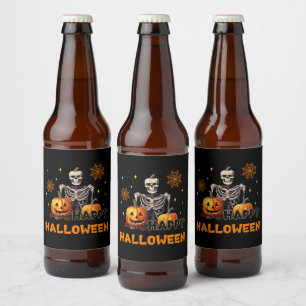 Skeleton with pumpkins beer bottle label