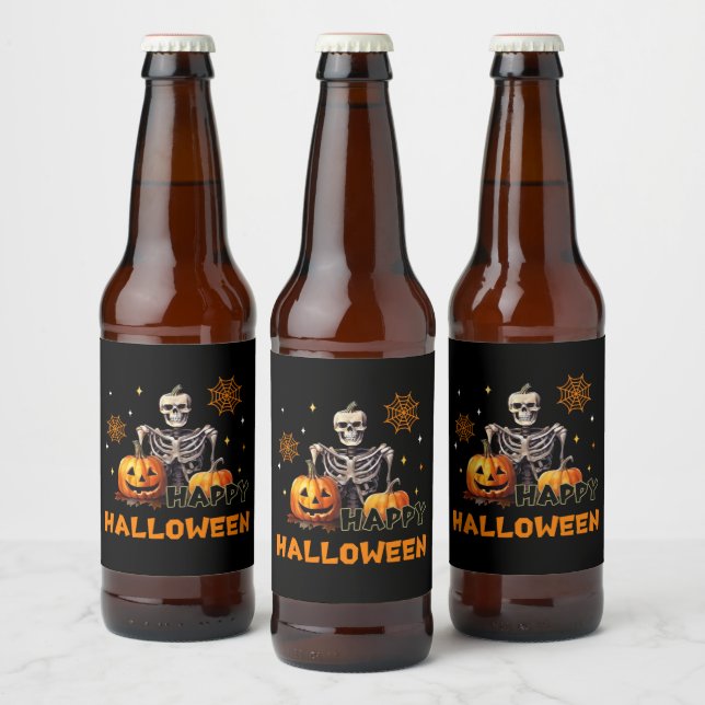Skeleton with pumpkins beer bottle label (Bottles)