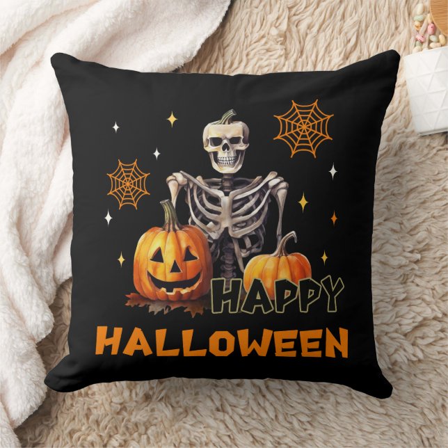 Skeleton with pumpkins for Halloween Throw Pillow (Blanket)