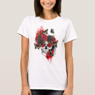 Skeleton with Red Black Roses and Butterflies T-Shirt