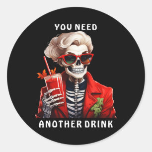 Skeleton Woman Drink Halloween Black Gothic Design Classic Round Sticker