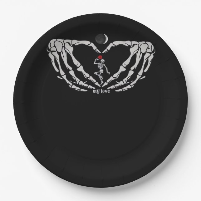 Skeleton Woman With Red In Heart Made Of Hands Fes Paper Plate (Front)