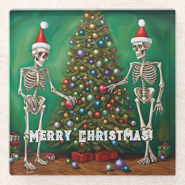 Skeletons and Colourful Ornaments Christmas  Glass Coaster (Front)