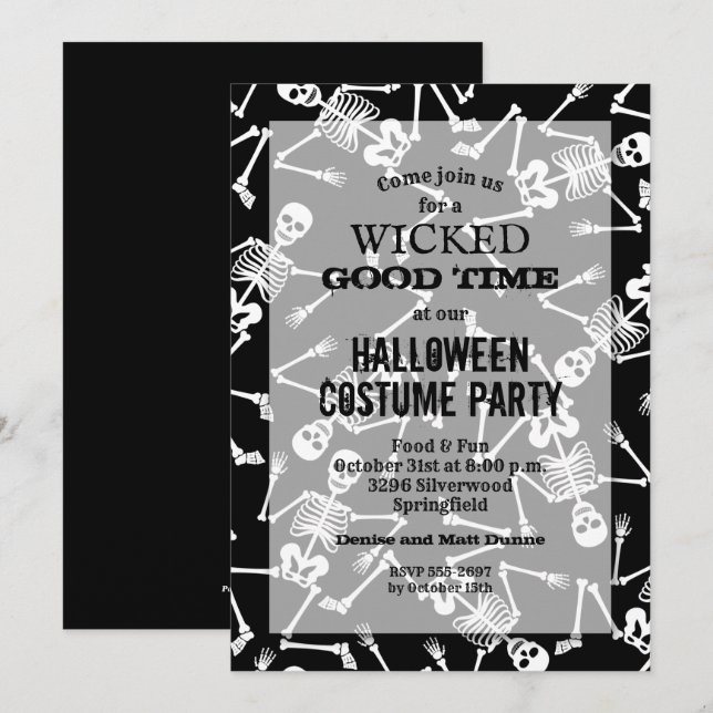 Skeletons Black Halloween Party Invitations (Front/Back)