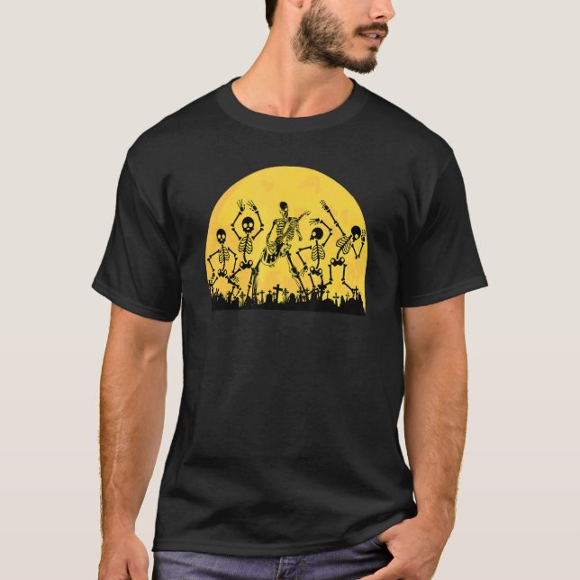 Skeletons Dancing & Playing Guitar in Graveyard Ro T-Shirt (Front)