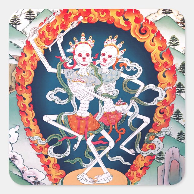 Skeletons Dancing Tibetan Buddhist Art Square Sticker (Front)